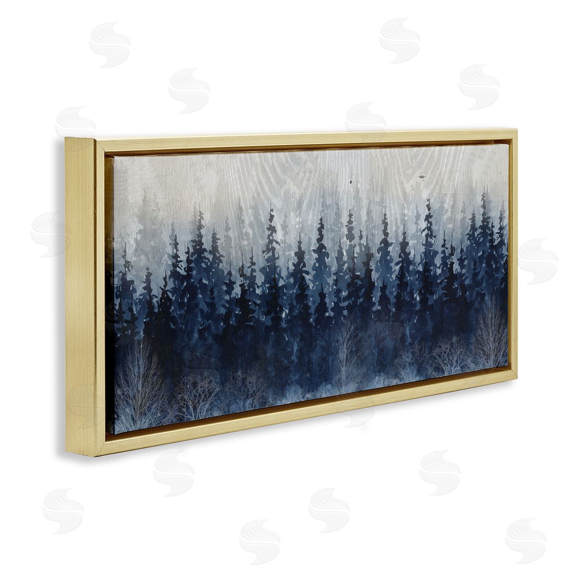 Rustic Blue Forest Tree Line Gold Floating Frame Canvas Wall Art, Home Decor by Carol Robinson