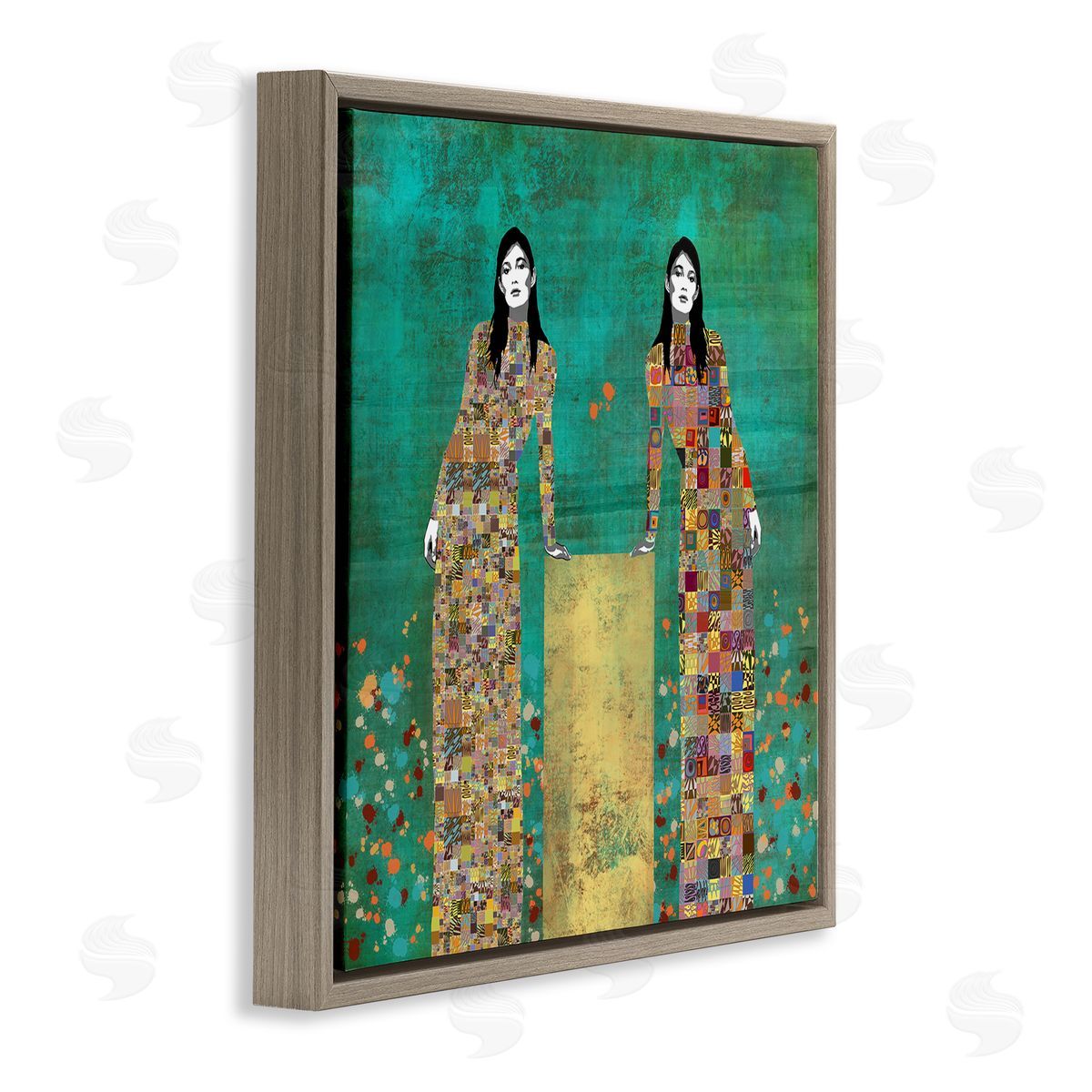 Jose Cacho Twin Women Leaning Modern Abstract Portrait Mosaic Pattern Brown Floating Frame Canvas Wall Art Print