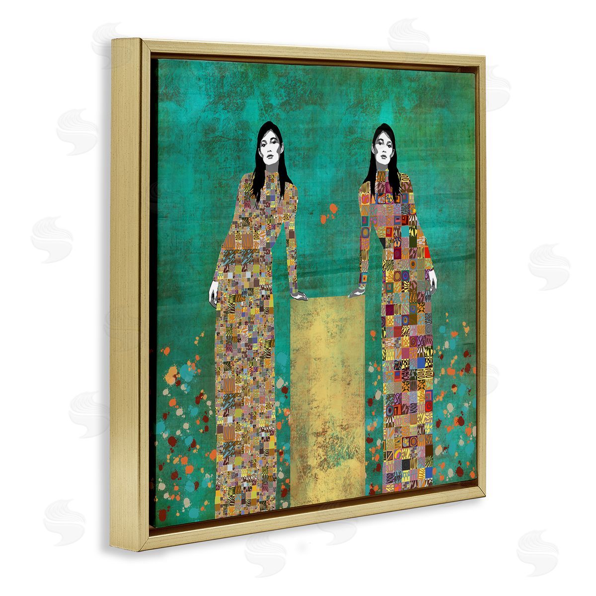 Jose Cacho Twin Women Leaning Modern Abstract Portrait Mosaic Pattern Gold Floating Frame Canvas Wall Art Print