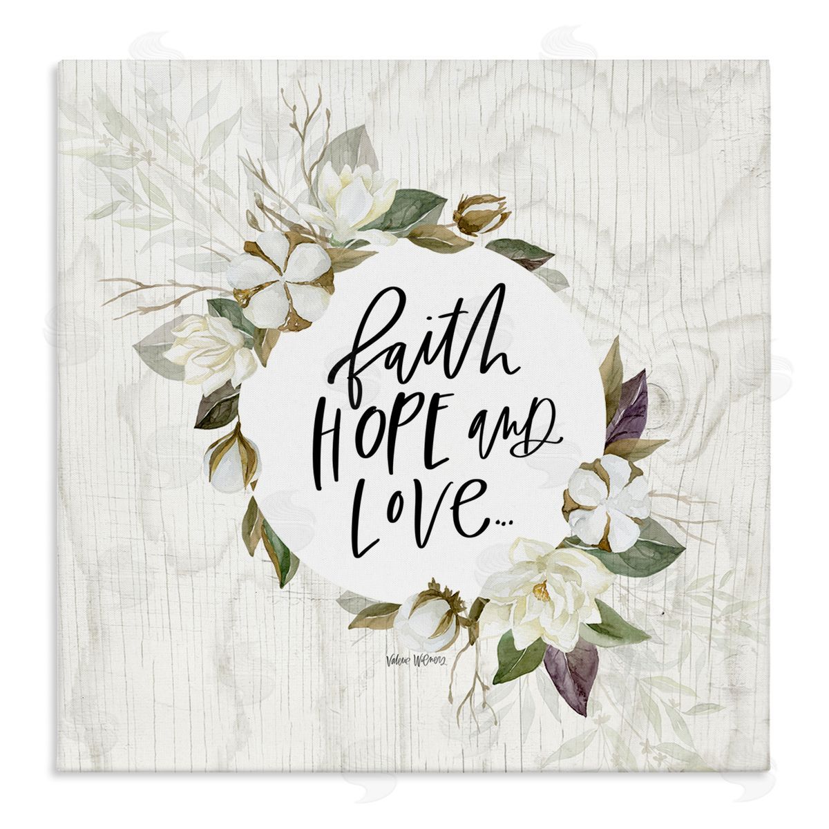 Valerie Wieners Faith Hope and Love Sentiment Floral Cotton Wreath Stretched Canvas Wall Art Print