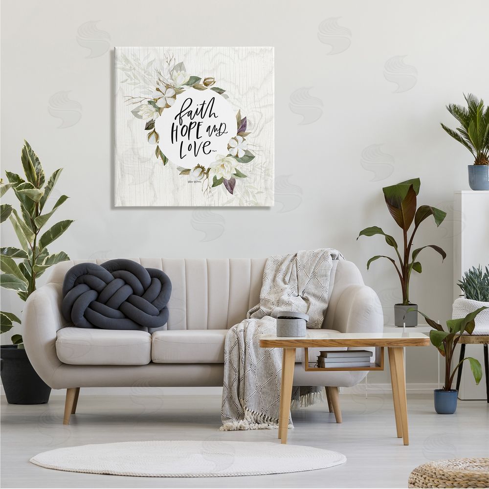 Valerie Wieners Faith Hope and Love Sentiment Floral Cotton Wreath Canvas Wall Art in Room
