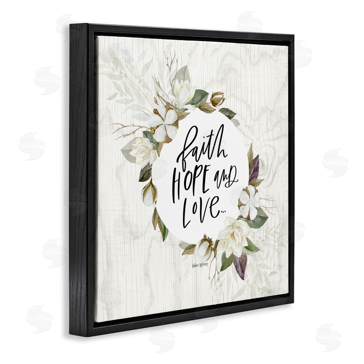 Valerie Wieners Faith Hope and Love Sentiment Floral Cotton Wreath Black Floating Frame Canvas Wall Art Print
