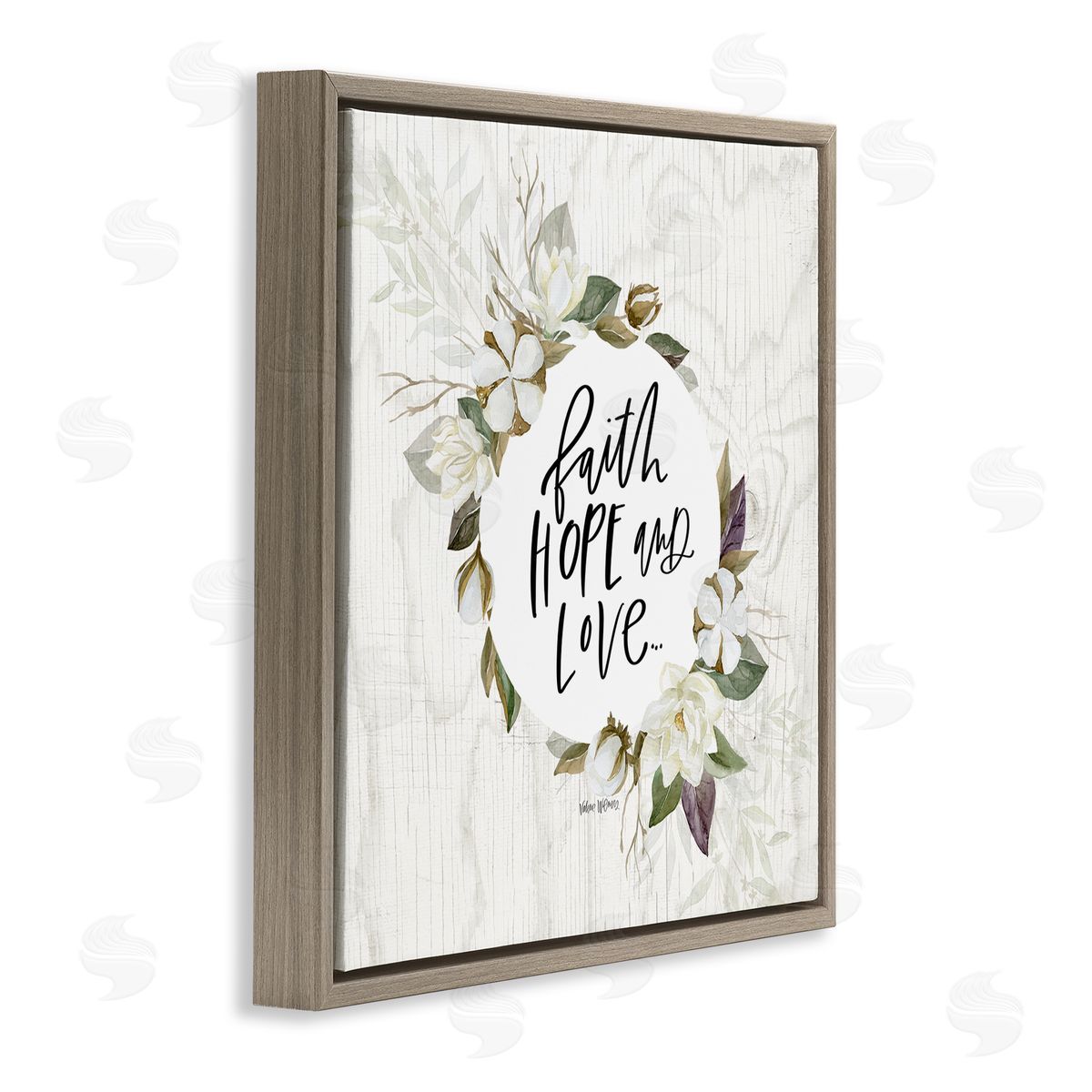Valerie Wieners Faith Hope and Love Sentiment Floral Cotton Wreath Brown Floating Frame Canvas Wall Art Print