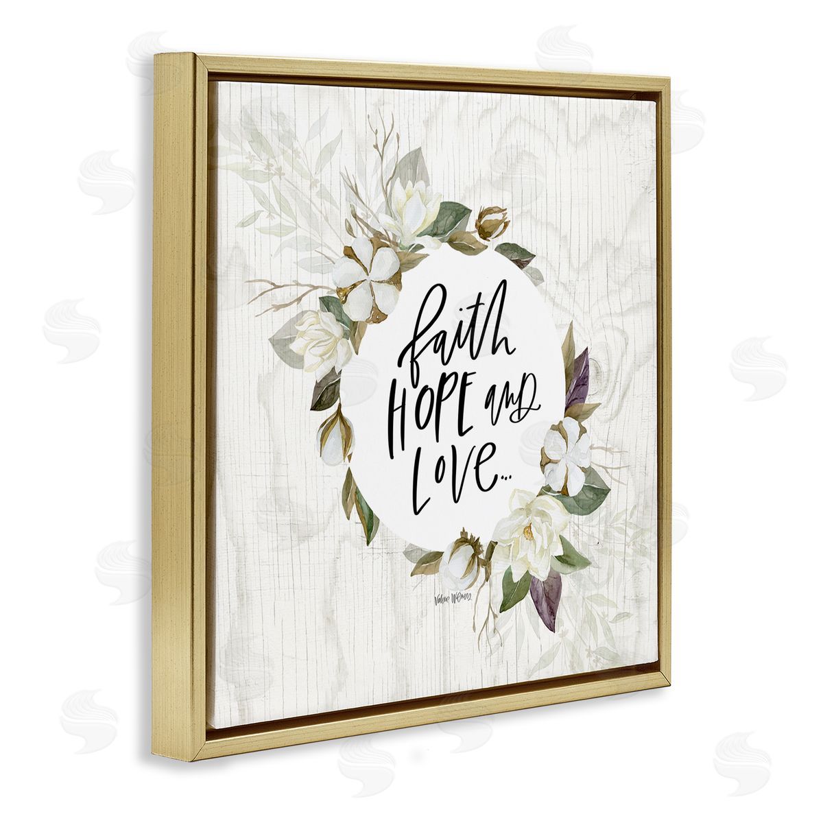 Valerie Wieners Faith Hope and Love Sentiment Floral Cotton Wreath Gold Floating Frame Canvas Wall Art Print