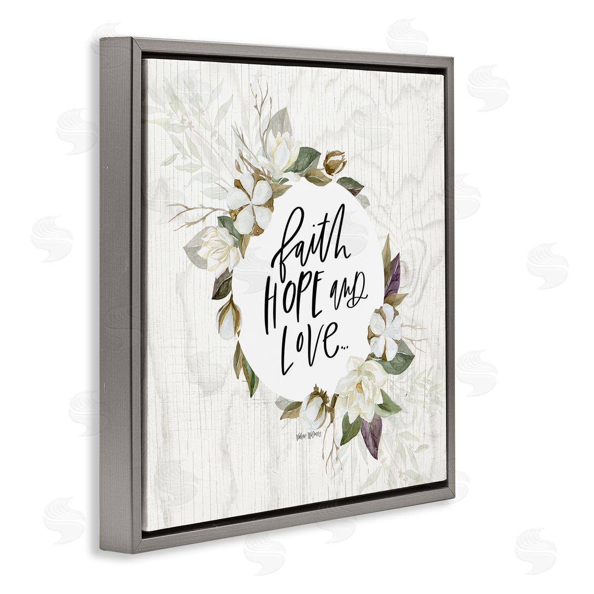 Valerie Wieners Faith Hope and Love Sentiment Floral Cotton Wreath Gray Floating Frame Canvas Wall Art Print