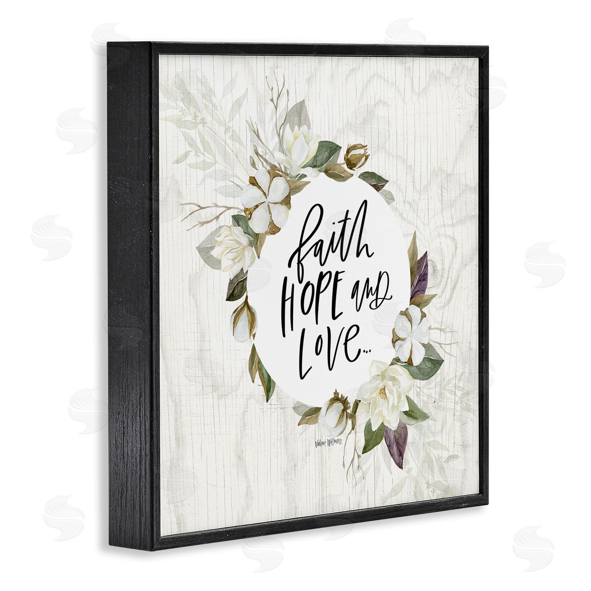 Valerie Wieners Faith Hope and Love Sentiment Floral Cotton Wreath Black Framed Glicee Wall Art Print