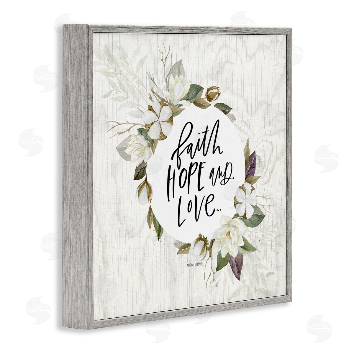 Valerie Wieners Faith Hope and Love Sentiment Floral Cotton Wreath Gray Framed Glicee Wall Art Print