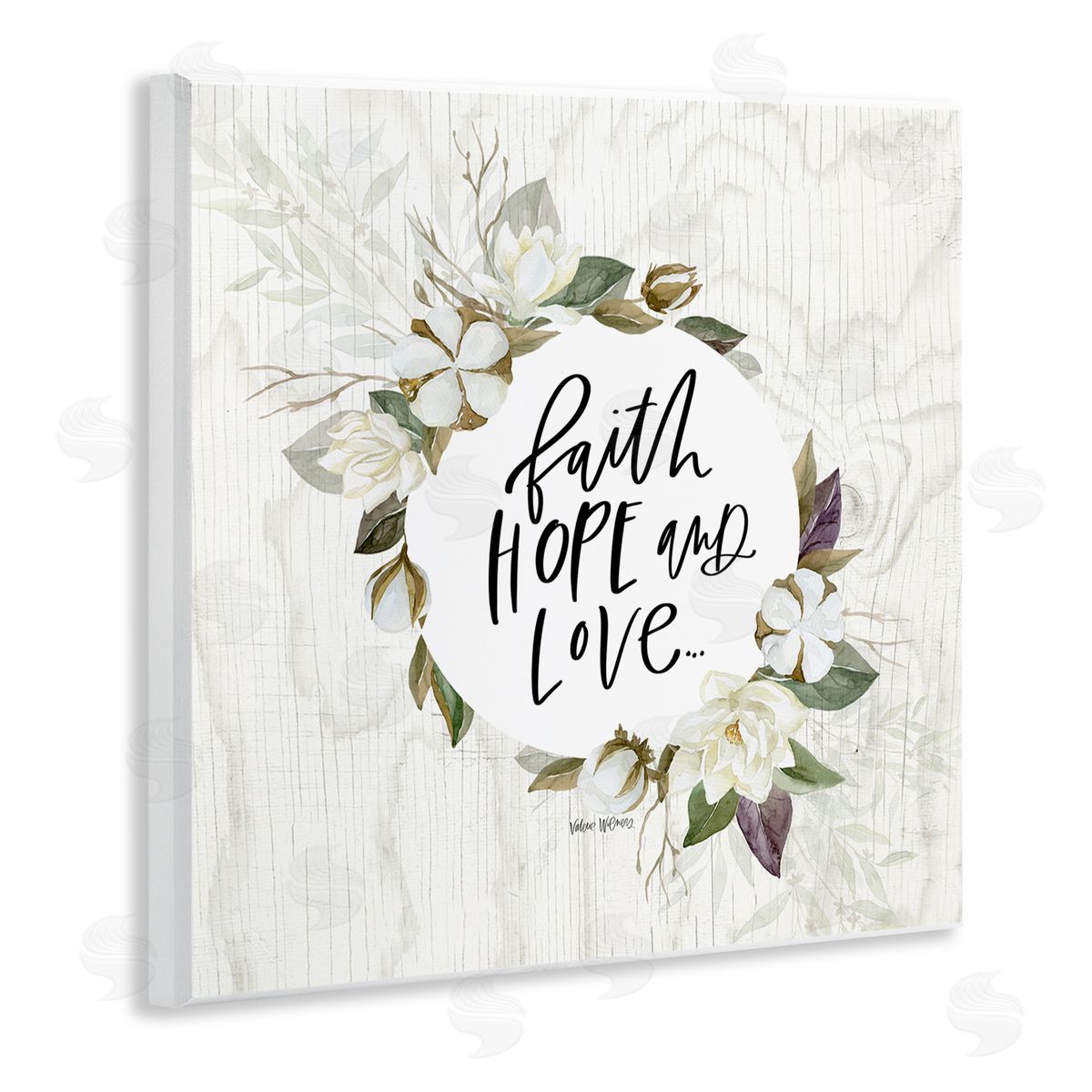 Valerie Wieners Faith Hope and Love Sentiment Floral Cotton Wreath Wooden Wall Plaque Art Print