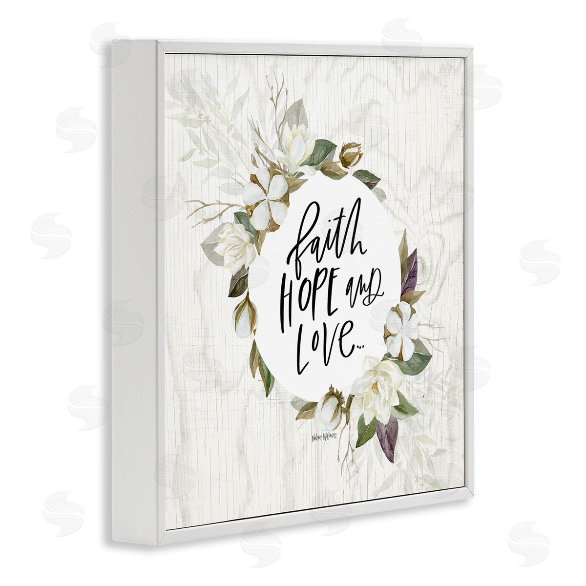 Valerie Wieners Faith Hope and Love Sentiment Floral Cotton Wreath White Framed Glicee Wall Art Print