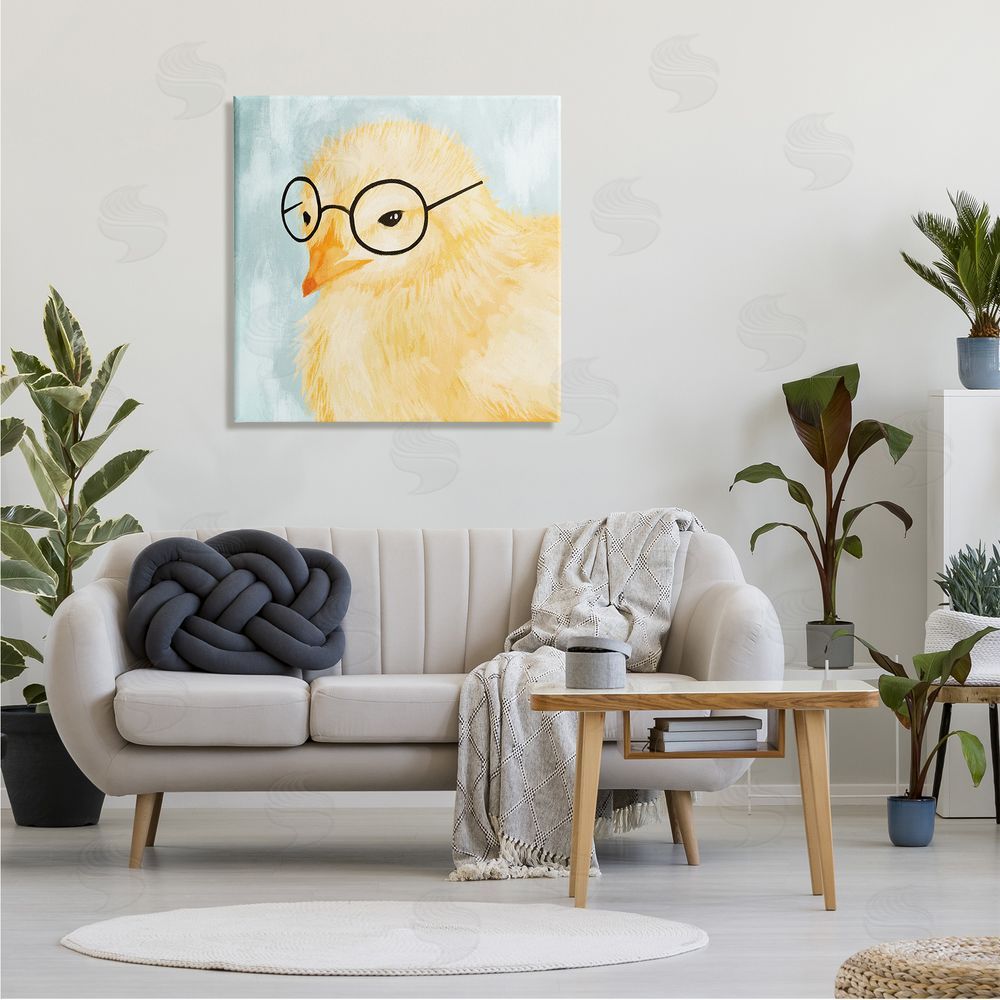 Stupell Studio Easter Chick Yellow Bird Black Glasses Animal Portrait Canvas Wall Art in Room