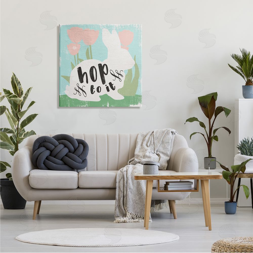 Stupell Studio Hop To It Easter Bunny Phrase Spring Tulips Canvas Wall Art in Room