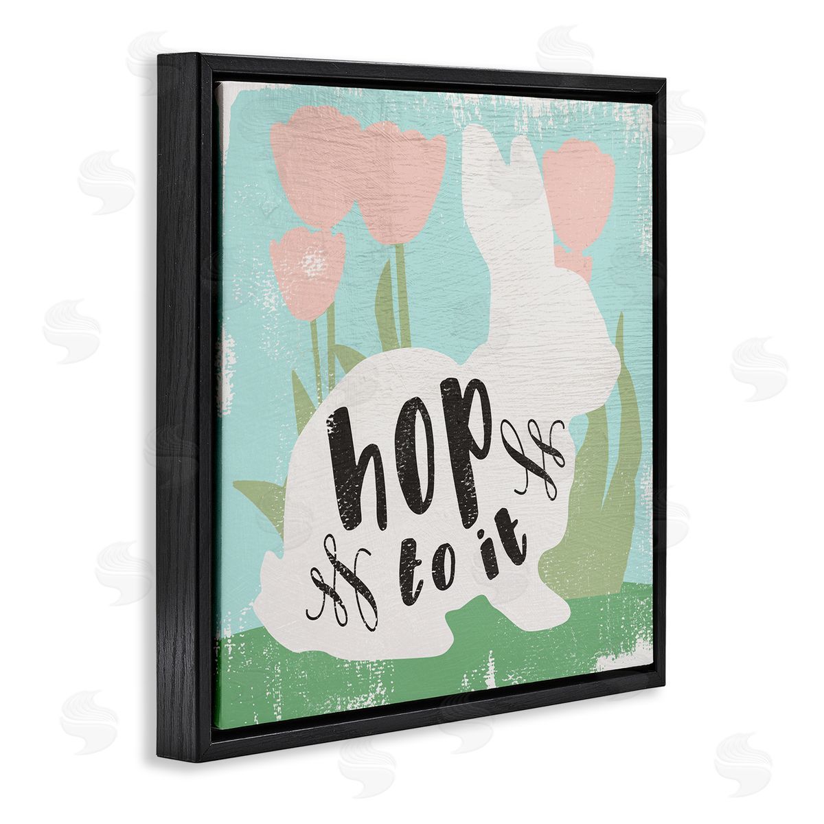 Stupell Studio Hop To It Easter Bunny Phrase Spring Tulips Black Floating Frame Canvas Wall Art Print