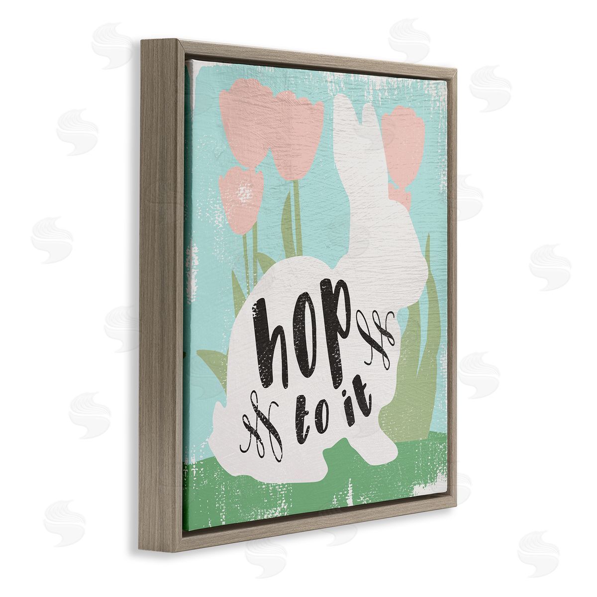 Stupell Studio Hop To It Easter Bunny Phrase Spring Tulips Brown Floating Frame Canvas Wall Art Print
