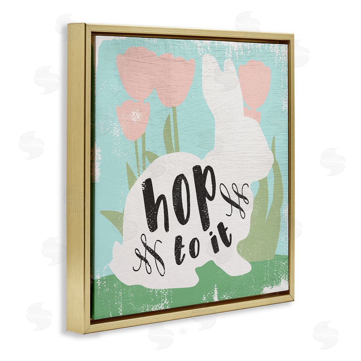 Stupell Studio Hop To It Easter Bunny Phrase Spring Tulips Gold Floating Frame Canvas Wall Art Print