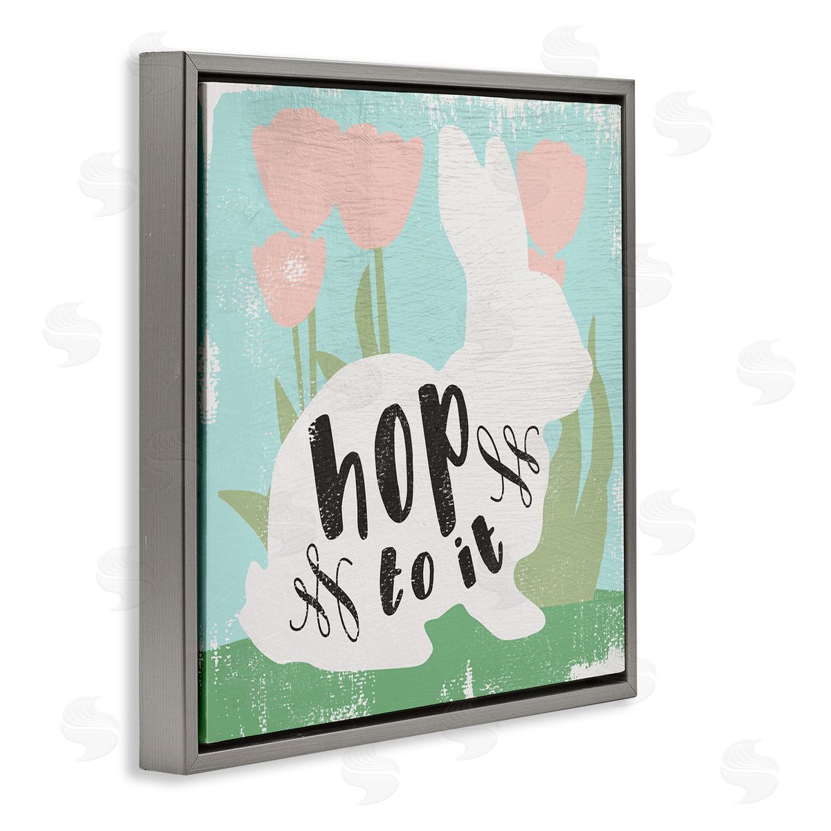 Stupell Studio Hop To It Easter Bunny Phrase Spring Tulips Gray Floating Frame Canvas Wall Art Print