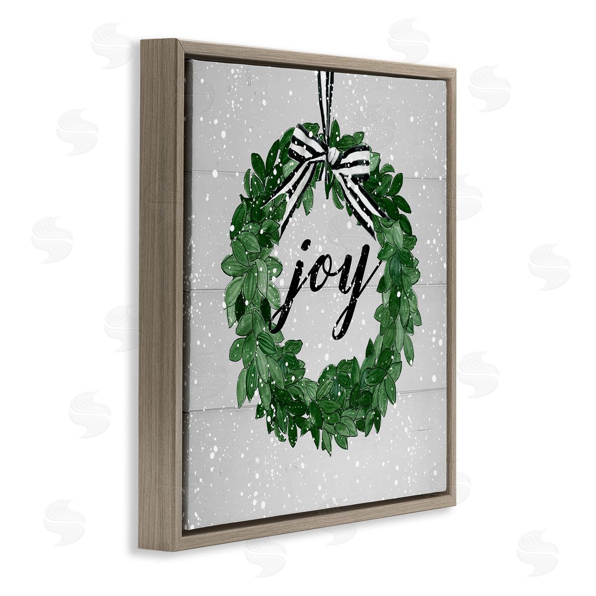 Carol Robinson Joy Sentiment Green Winter Leaf Wreath Snow Pattern Brown Floating Frame Canvas Wall Art Print