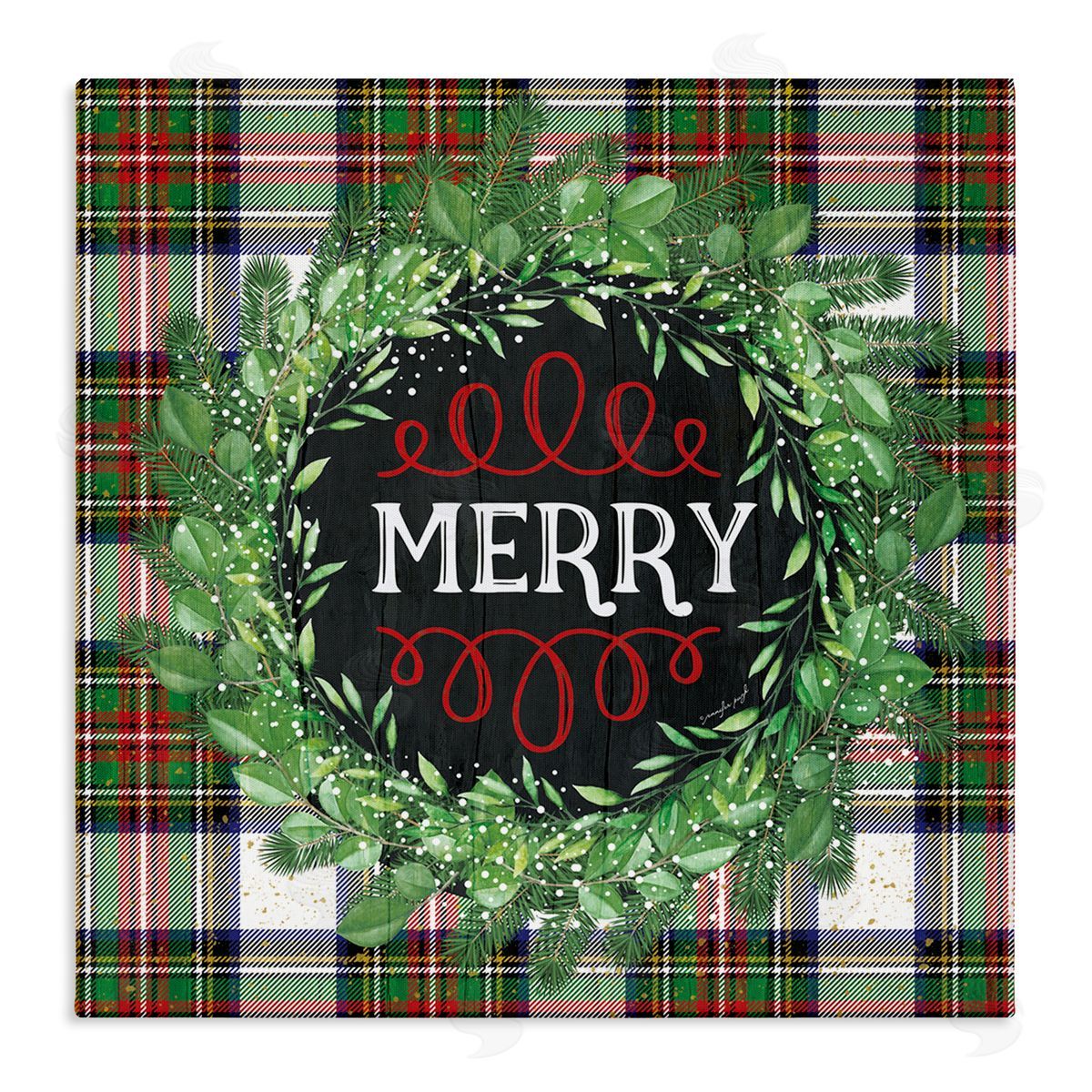 Jennifer Pugh Merry Sentiment Winter Pine Wreath Green Christmas Plaid Stretched Canvas Wall Art Print