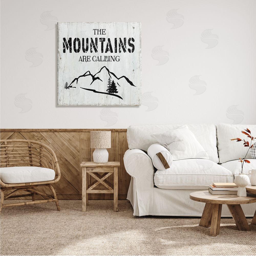 CAD Designs Mountains Are Calling Rustic Phrase Distressed Plank Pattern Canvas Wall Art in Room
