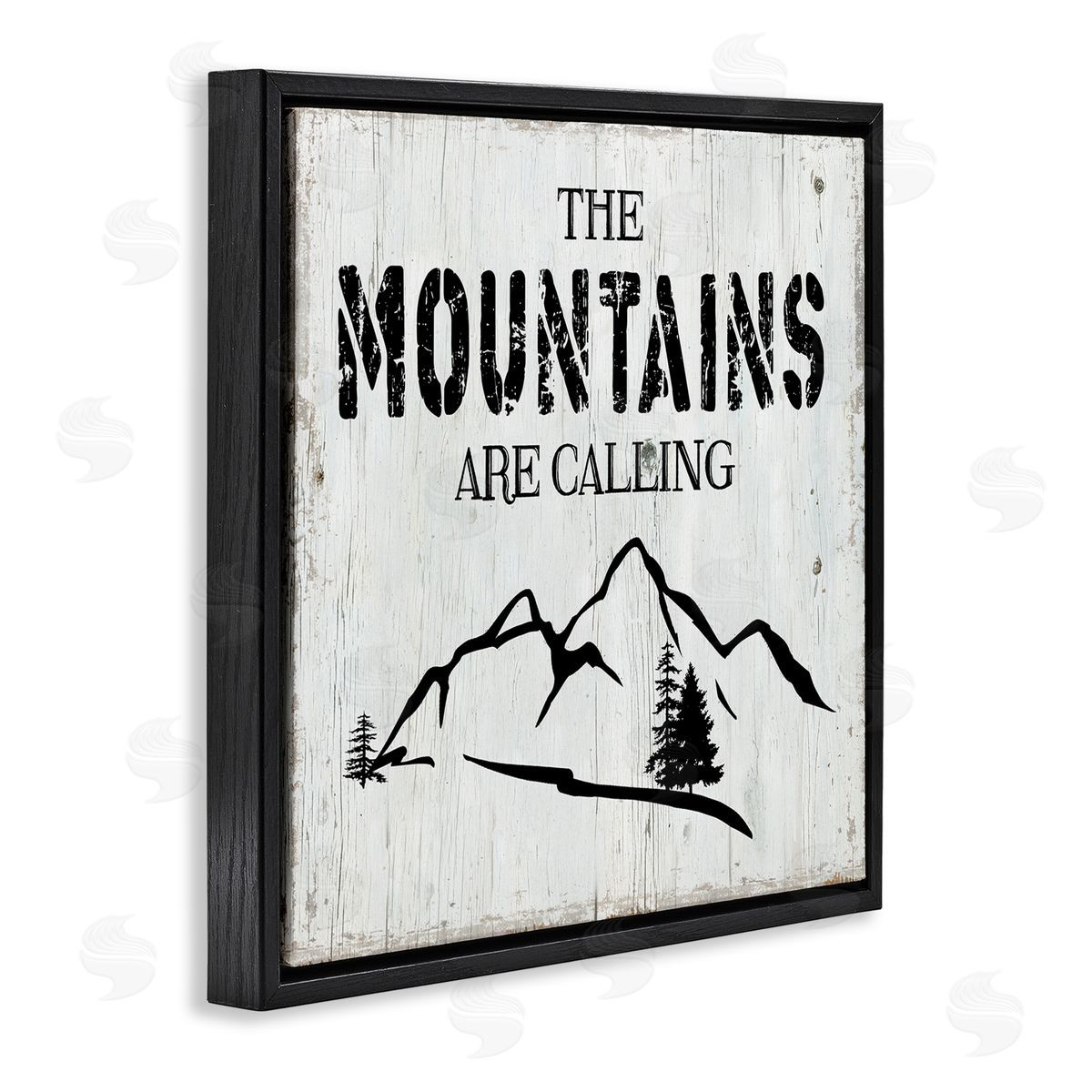 CAD Designs Mountains Are Calling Rustic Phrase Distressed Plank Pattern Black Floating Frame Canvas Wall Art Print