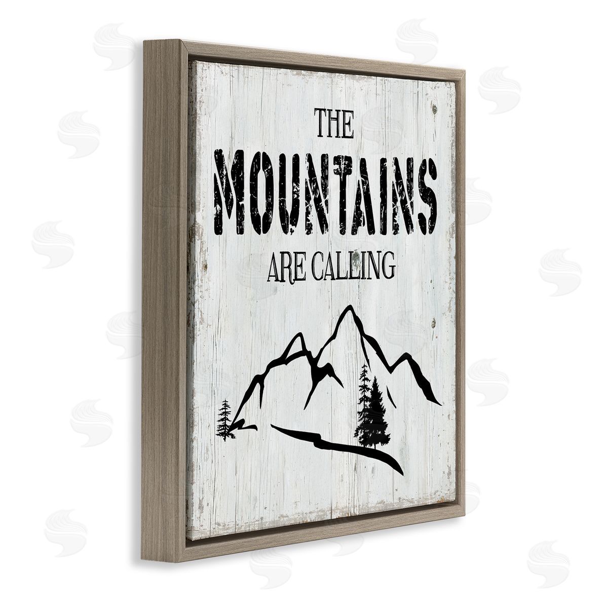 CAD Designs Mountains Are Calling Rustic Phrase Distressed Plank Pattern Brown Floating Frame Canvas Wall Art Print