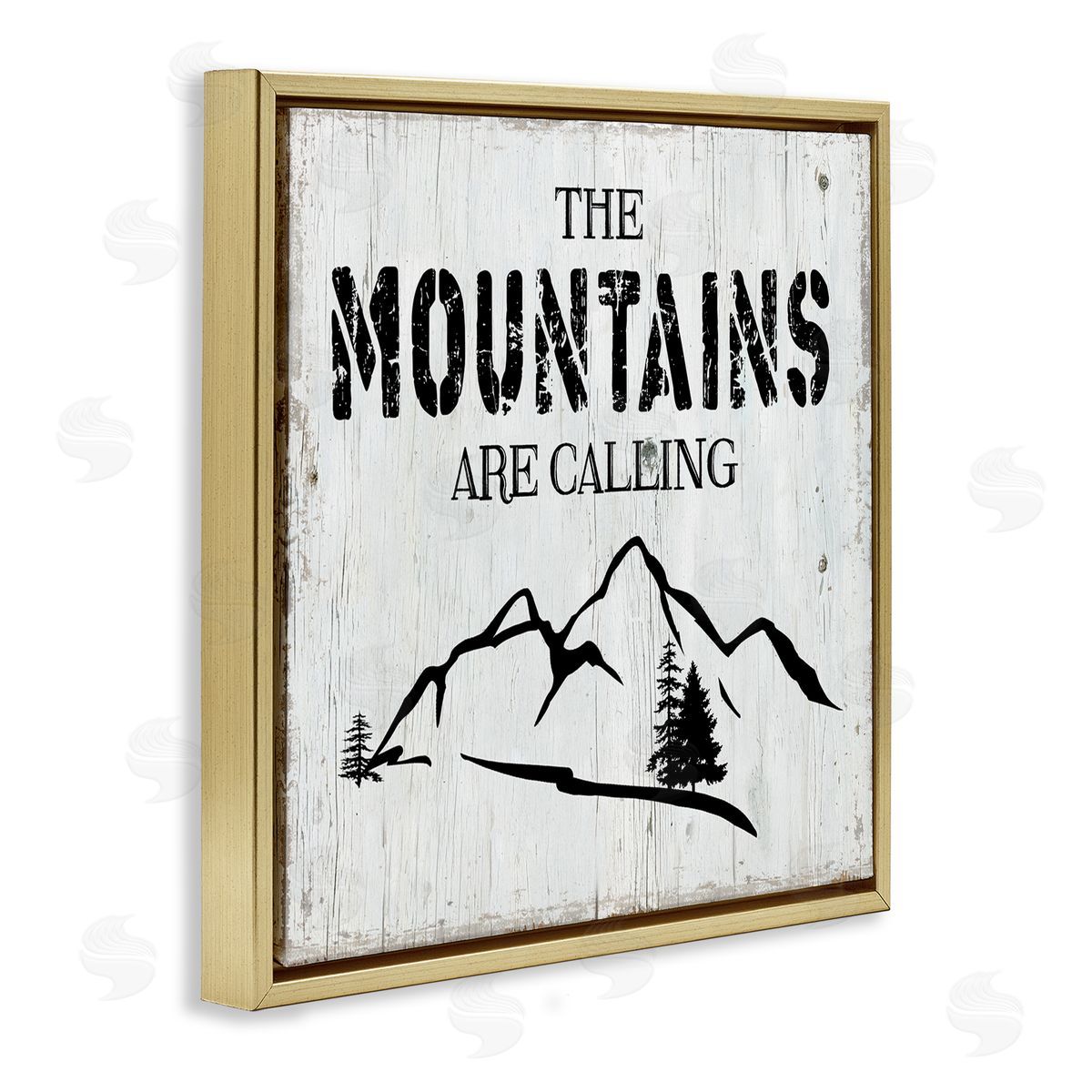 CAD Designs Mountains Are Calling Rustic Phrase Distressed Plank Pattern Gold Floating Frame Canvas Wall Art Print