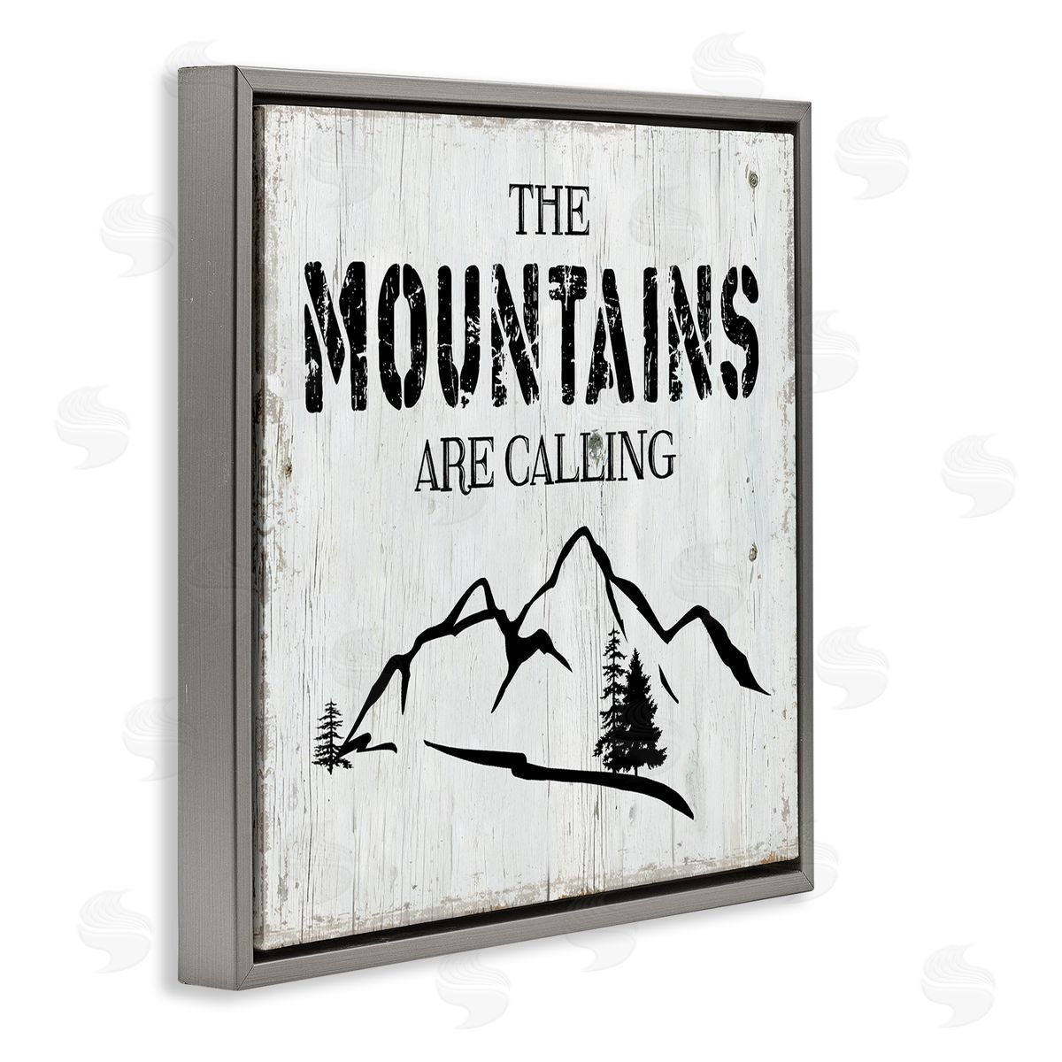 CAD Designs Mountains Are Calling Rustic Phrase Distressed Plank Pattern Gray Floating Frame Canvas Wall Art Print