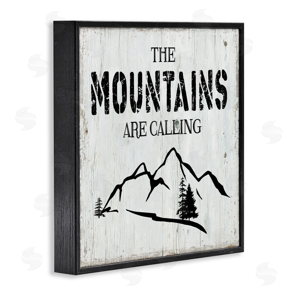 CAD Designs Mountains Are Calling Rustic Phrase Distressed Plank Pattern Black Framed Glicee Wall Art Print