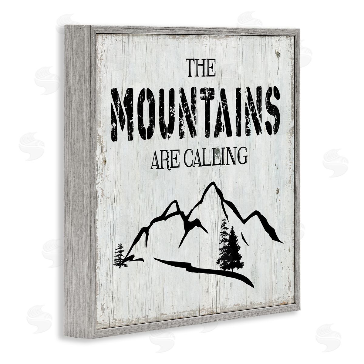 CAD Designs Mountains Are Calling Rustic Phrase Distressed Plank Pattern Gray Framed Glicee Wall Art Print