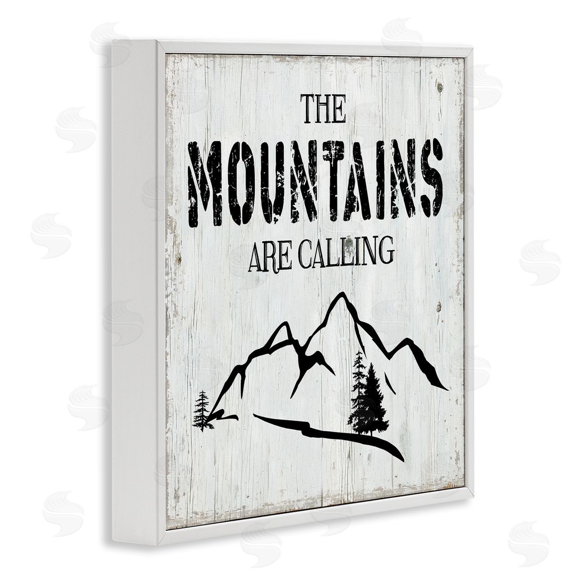 CAD Designs Mountains Are Calling Rustic Phrase Distressed Plank Pattern White Framed Glicee Wall Art Print
