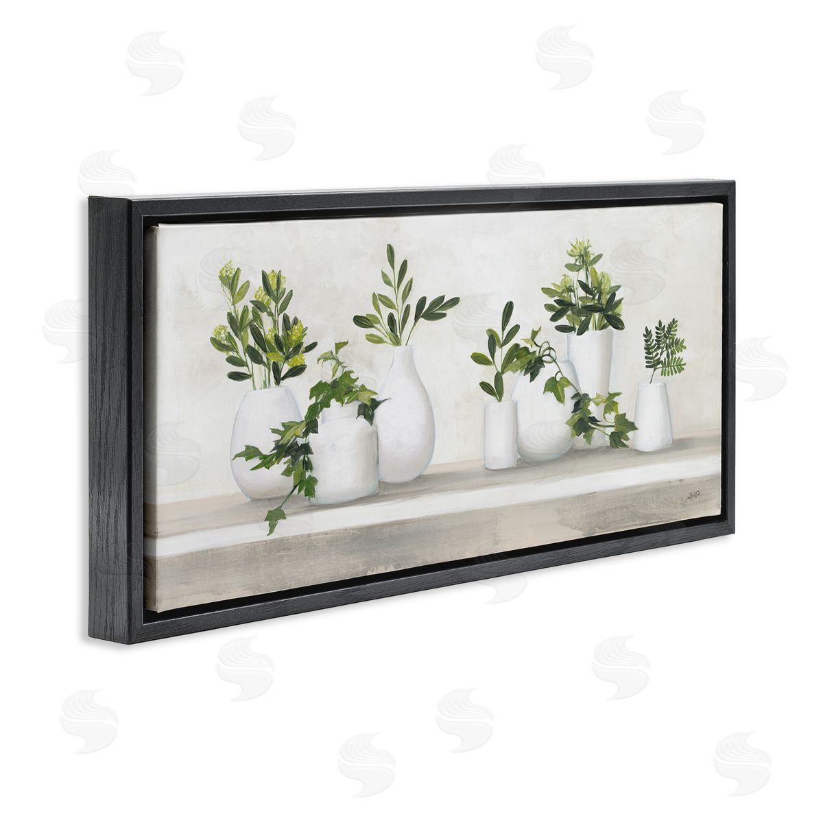 Traditional Potted Cottage Plants Black Floating Frame Canvas Wall Art, Home Decor by Julia Purinton