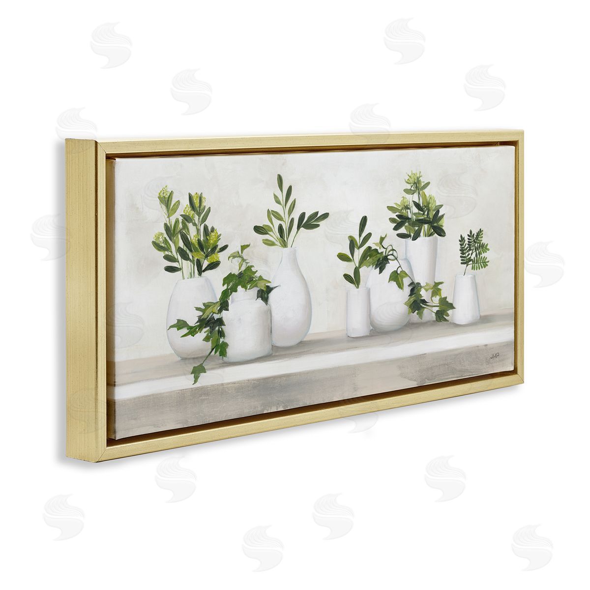 Traditional Potted Cottage Plants Gold Floating Frame Canvas Wall Art, Home Decor by Julia Purinton