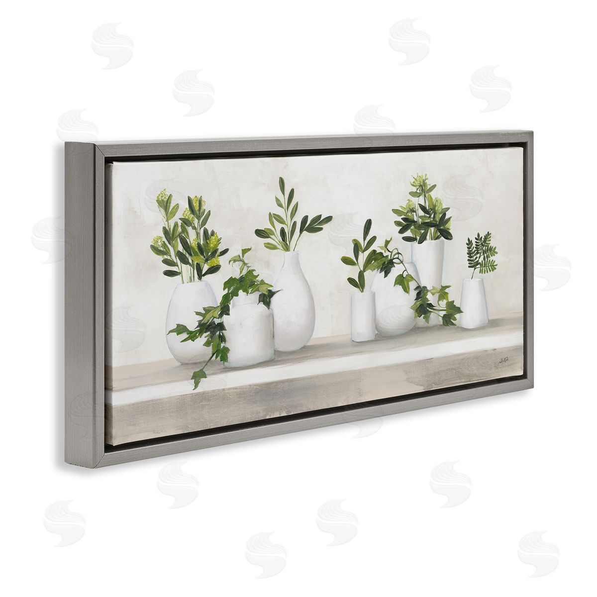 Traditional Potted Cottage Plants Grey Floating Frame Canvas Wall Art, Home Decor by Julia Purinton