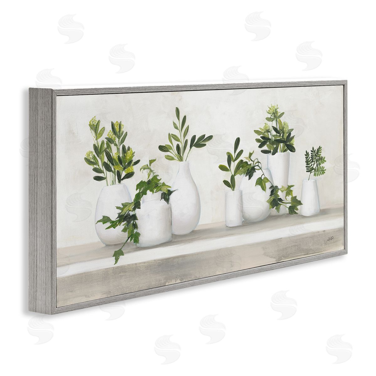 Traditional Potted Cottage Plants Grey Frame Print Wall Art, Home Decor by Julia Purinton