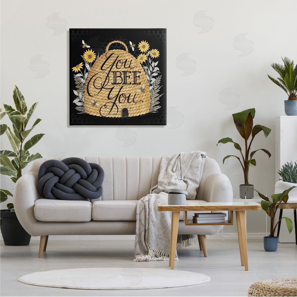 Deb Strain You Bee You Motivational Phrase Vintage Whicker Beehive Canvas Wall Art in Room