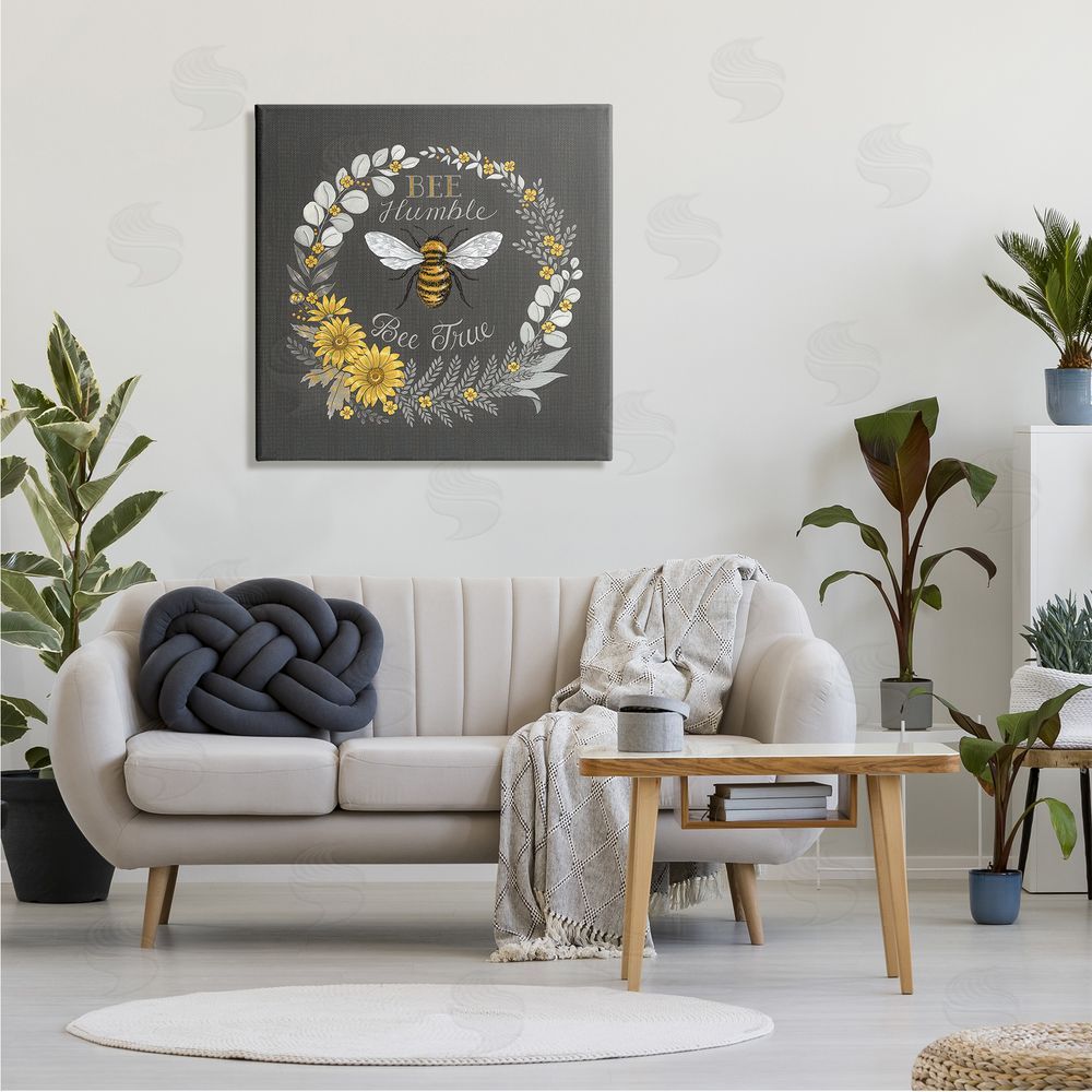 Deb Strain Bee Humble Be True Phrase Vintage Yellow Florals Canvas Wall Art in Room
