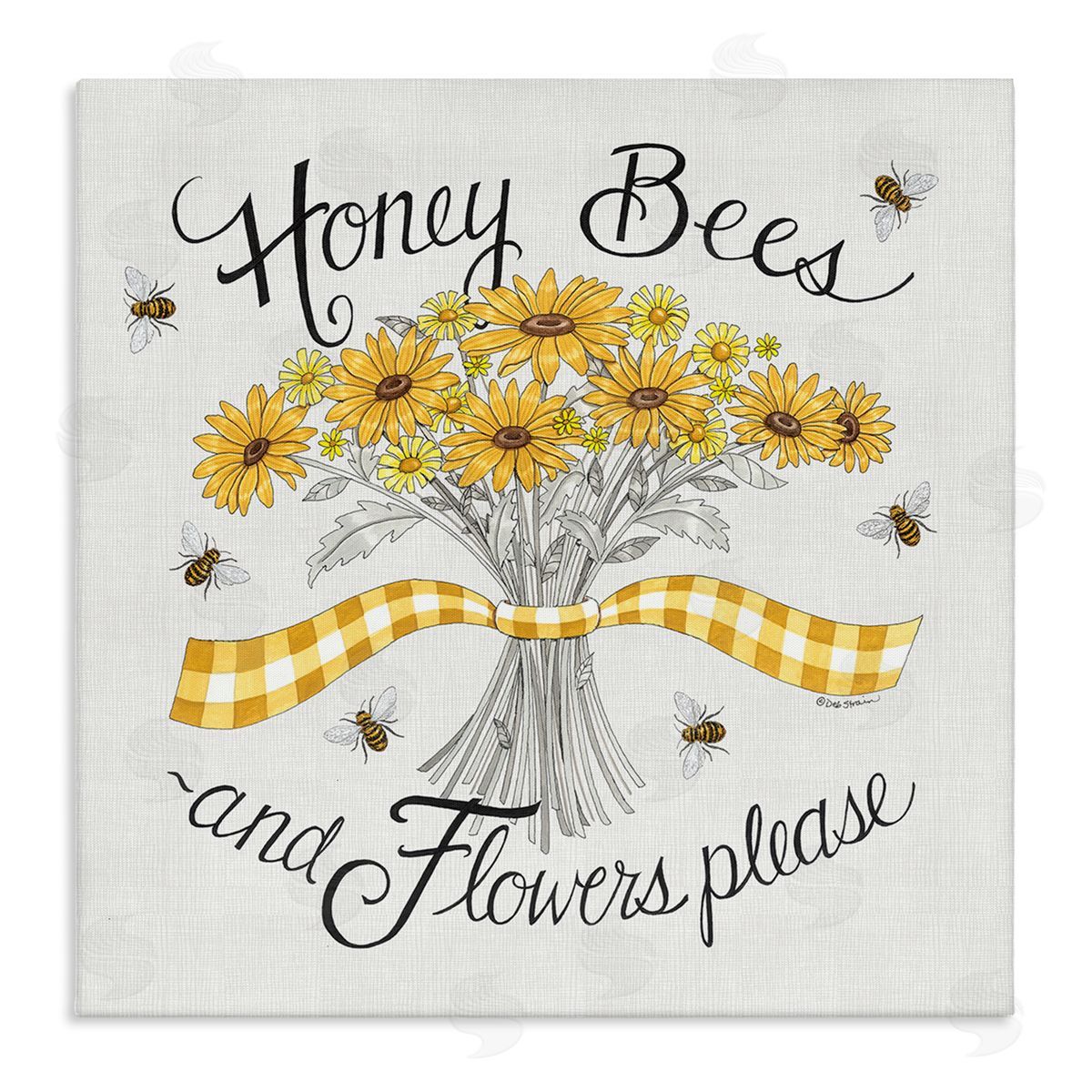 Deb Strain Honey Bees Flowers Please Phrase Vintage Yellow Daisies Stretched Canvas Wall Art Print