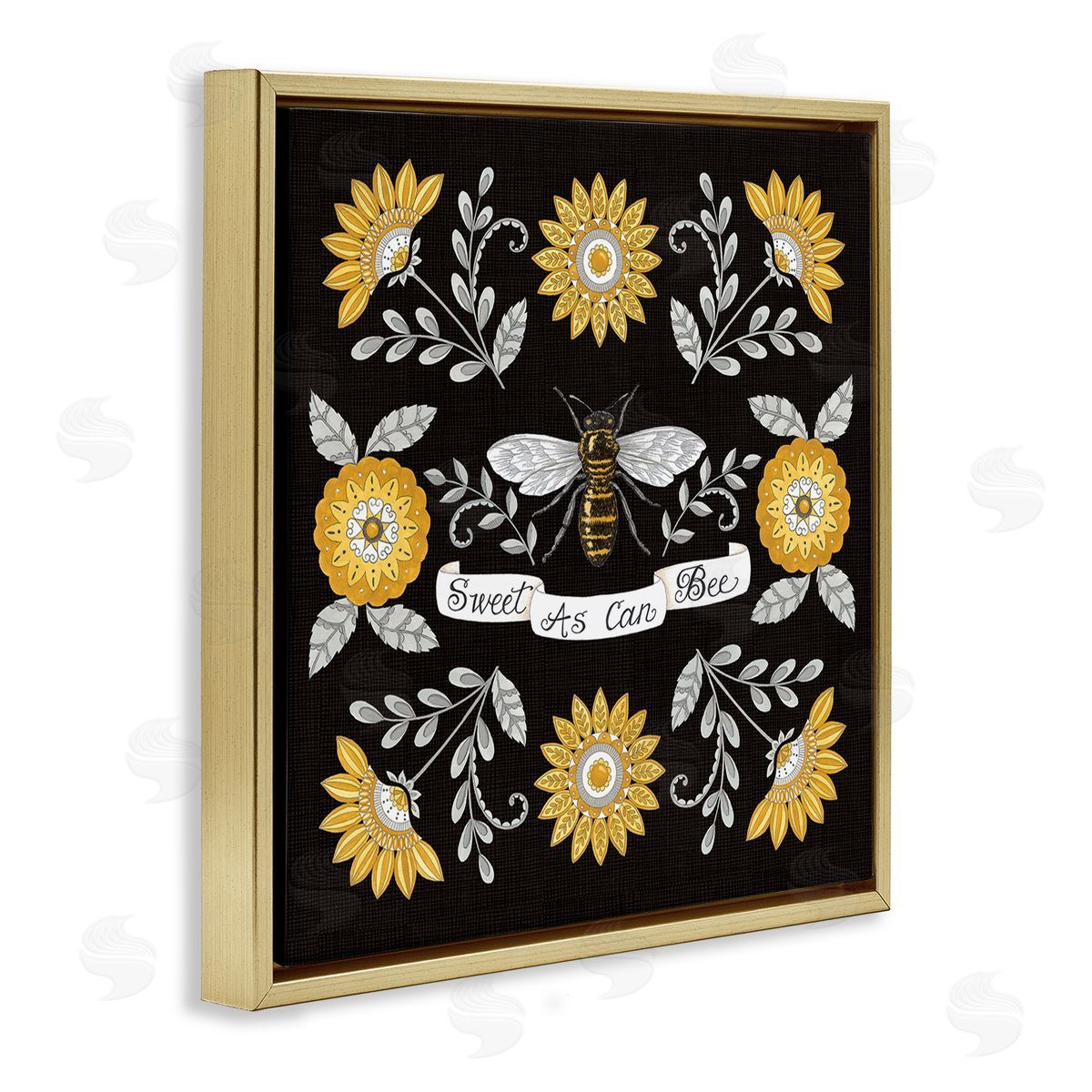 Deb Strain Sweet as Can Bee Sentiment Vintage Floral Pattern Gold Floating Frame Canvas Wall Art Print