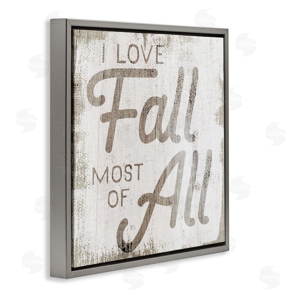 Stupell Studio Love Fall Most of All Phrase Distressed Pattern Gray Floating Frame Canvas Wall Art Print