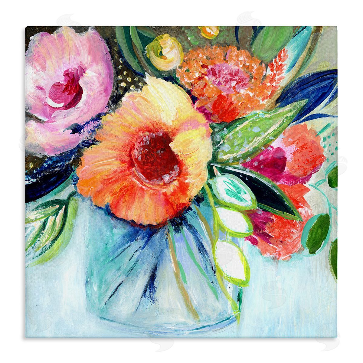 Janet Tava Bold Flower Bloom Bouquet Blue Orange Pink Arrangement Stretched Canvas Wall Art Print