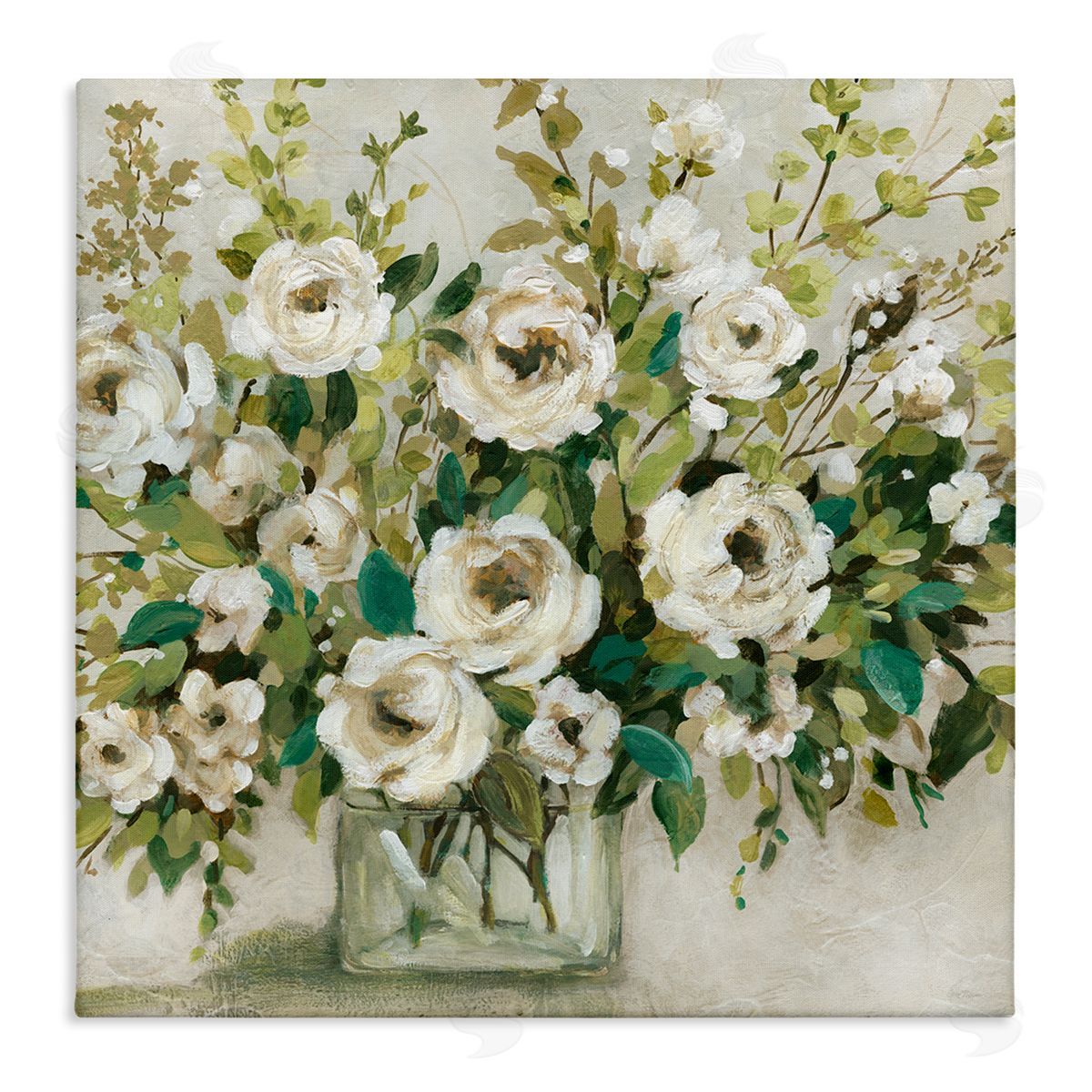 Carol Robinson Abstract White Rose Blossom Bouquet Floral Vase Stretched Canvas Wall Art Print