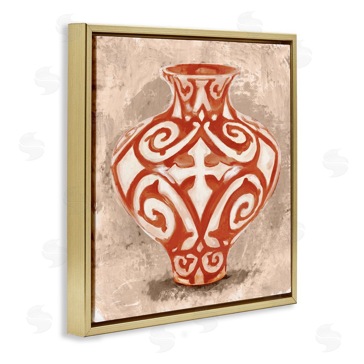 Stupell Studio Round Urn Modern Still Life Bold Red Pattern Gold Floating Frame Canvas Wall Art Print