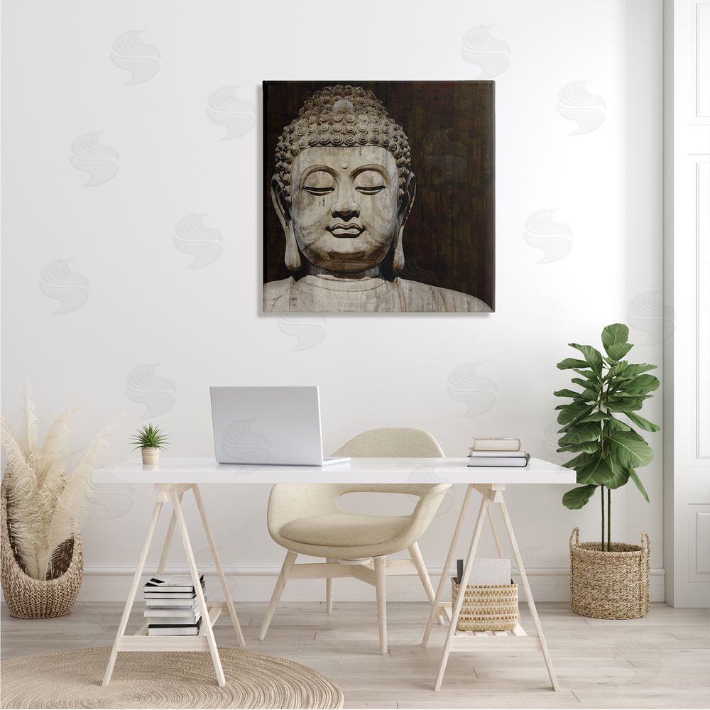 Tom Bray Closed Eye Buddha Shrine Figure Portrait Canvas Wall Art in Room