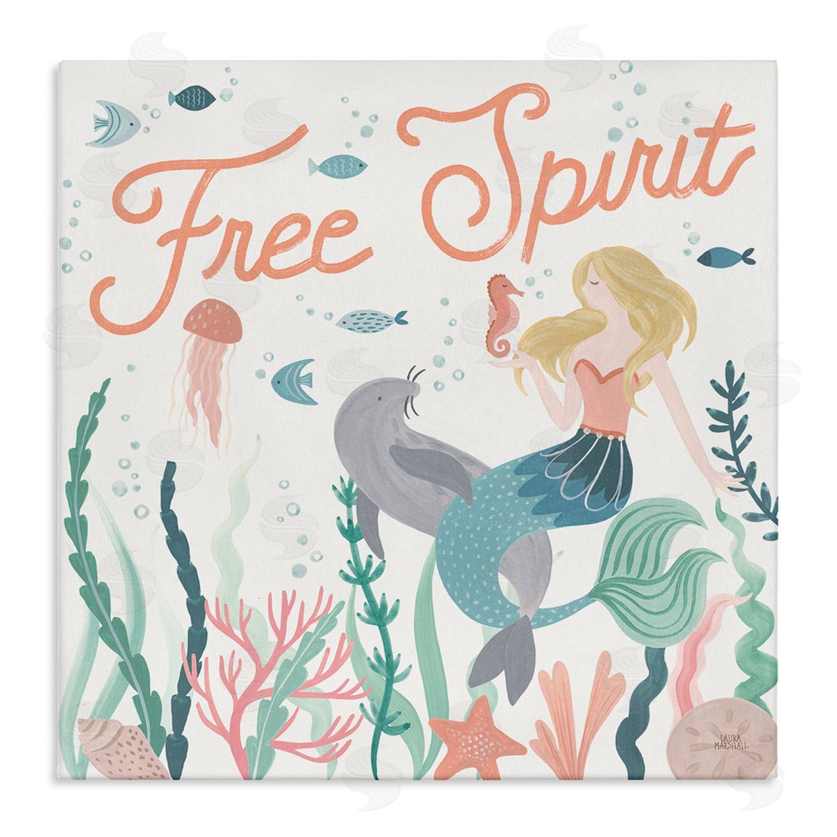 Laura Marshall Free Spirit Phrase Children's Underwater Mermaid Animals Stretched Canvas Wall Art Print