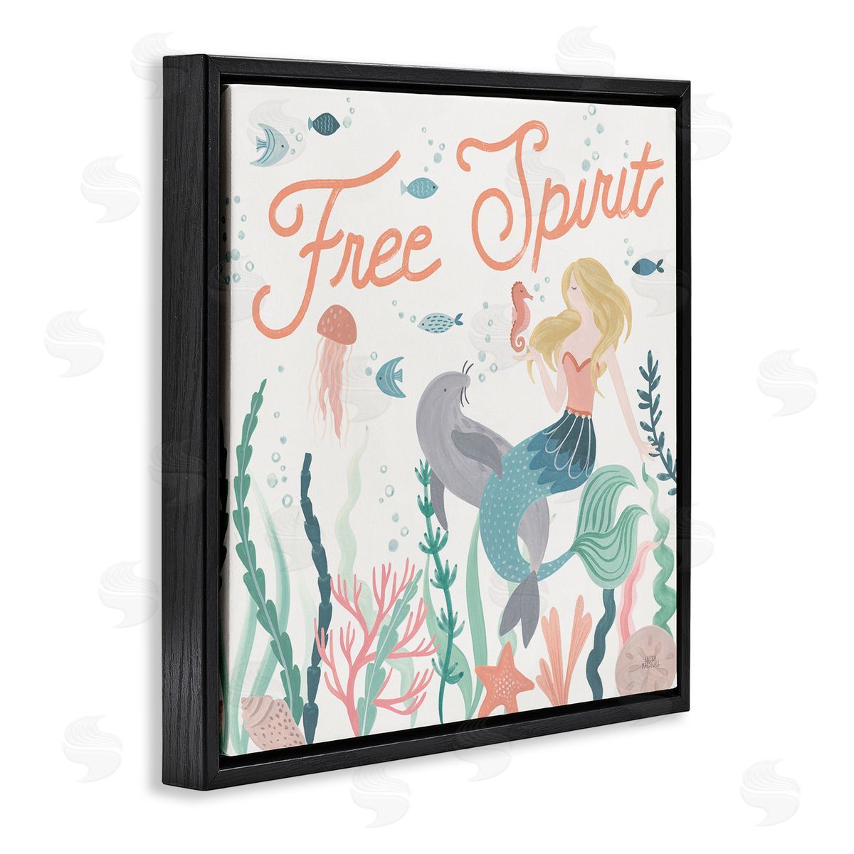 Laura Marshall Free Spirit Phrase Children's Underwater Mermaid Animals Black Floating Frame Canvas Wall Art Print