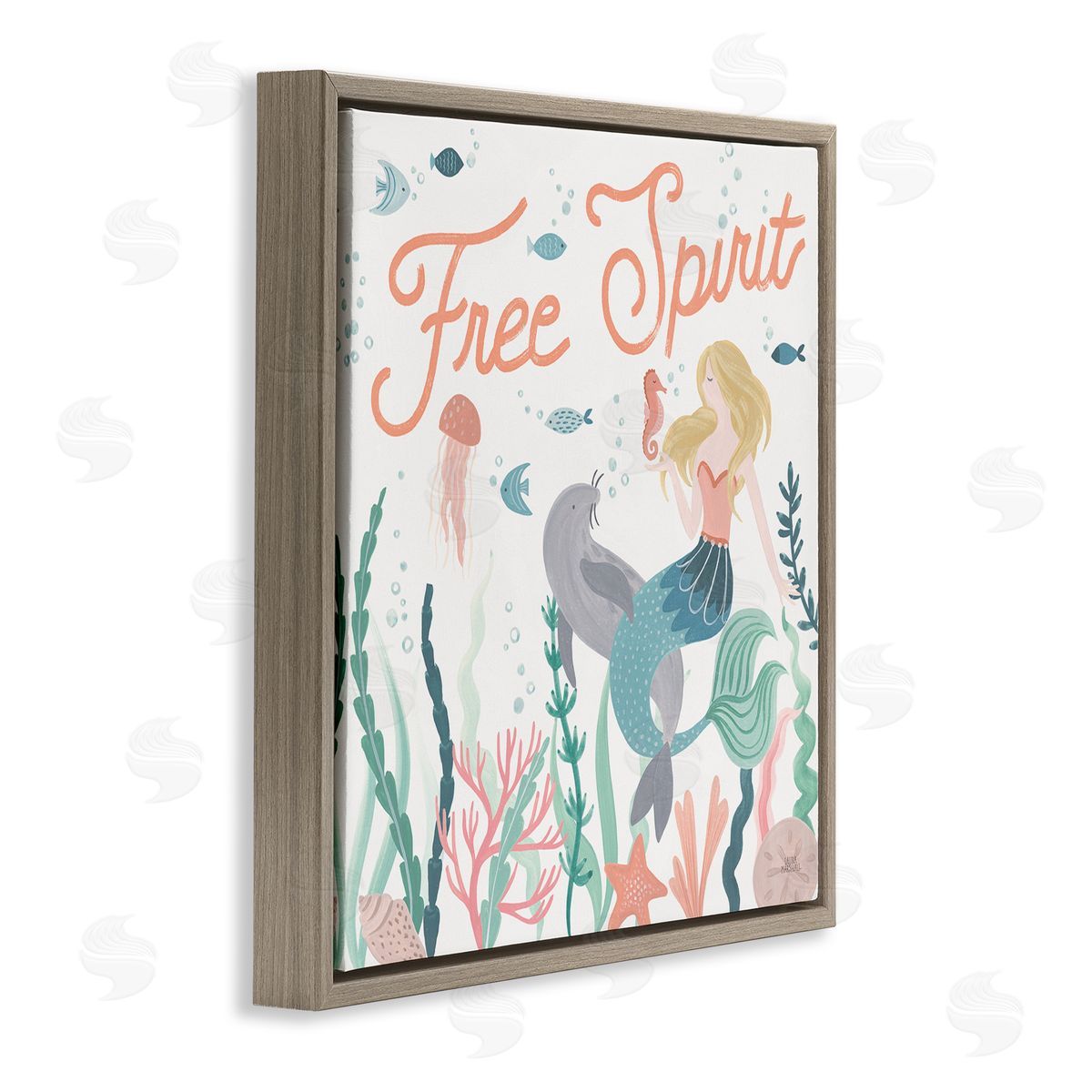 Laura Marshall Free Spirit Phrase Children's Underwater Mermaid Animals Brown Floating Frame Canvas Wall Art Print