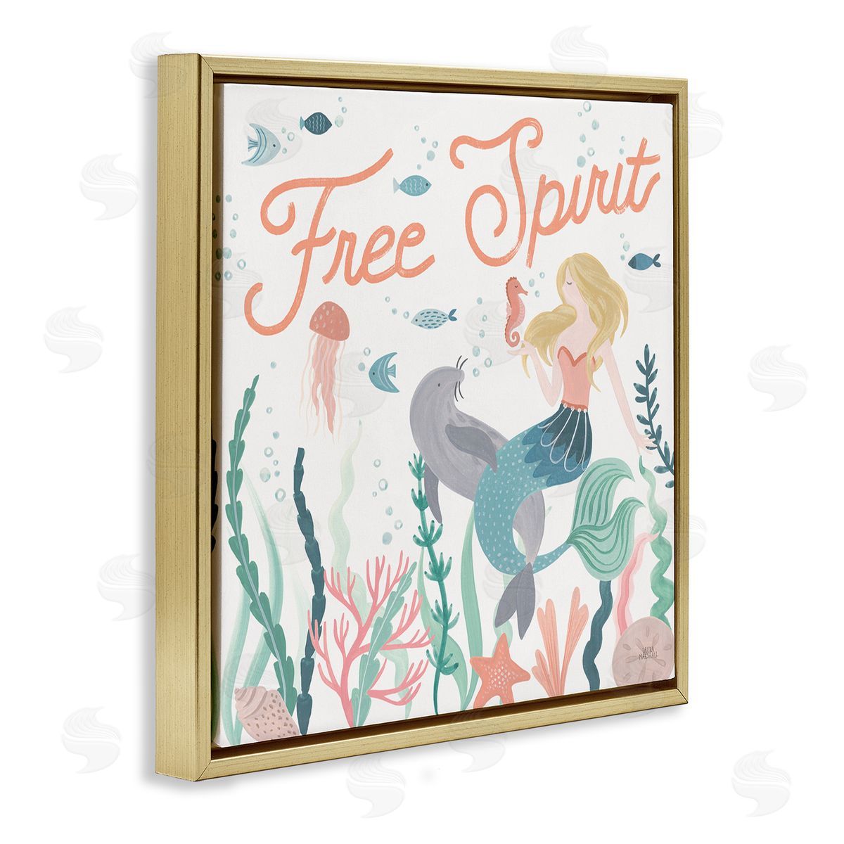 Laura Marshall Free Spirit Phrase Children's Underwater Mermaid Animals Gold Floating Frame Canvas Wall Art Print