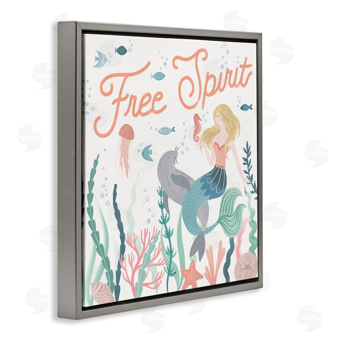 Laura Marshall Free Spirit Phrase Children's Underwater Mermaid Animals Gray Floating Frame Canvas Wall Art Print