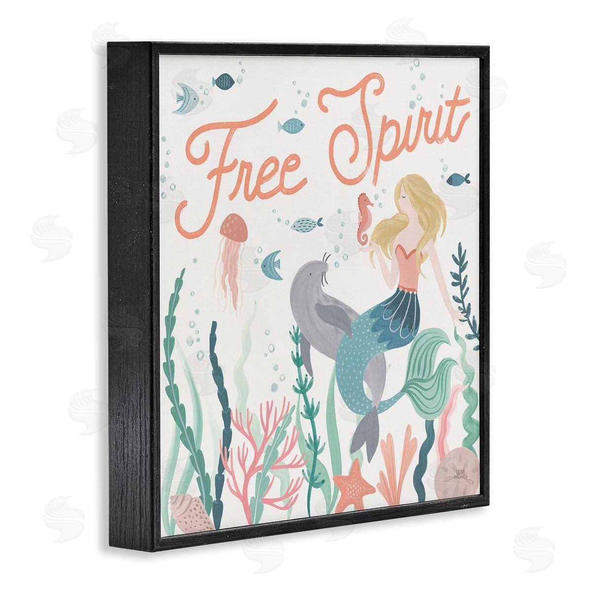 Laura Marshall Free Spirit Phrase Children's Underwater Mermaid Animals Black Framed Glicee Wall Art Print
