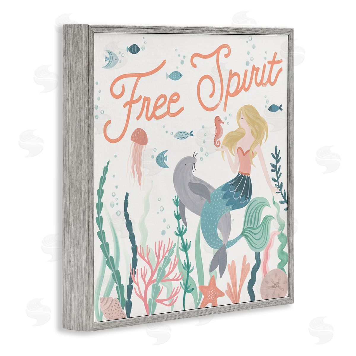 Laura Marshall Free Spirit Phrase Children's Underwater Mermaid Animals Gray Framed Glicee Wall Art Print