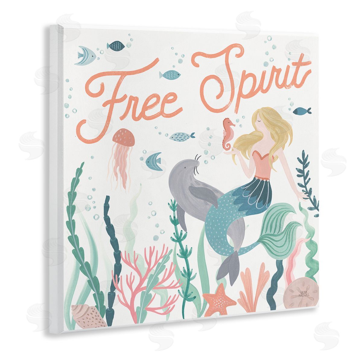 Laura Marshall Free Spirit Phrase Children's Underwater Mermaid Animals Wooden Wall Plaque Art Print